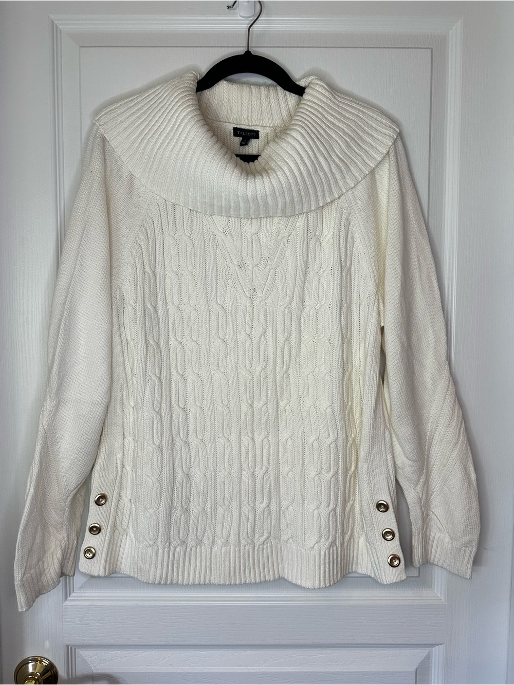 Talbots Cream Cable Knit Turtleneck Sweater with Side Gold Button Detail